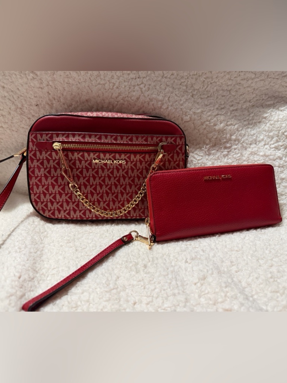 Michael Kors Red Logo Crossbody with Wristlet and Gold Chain